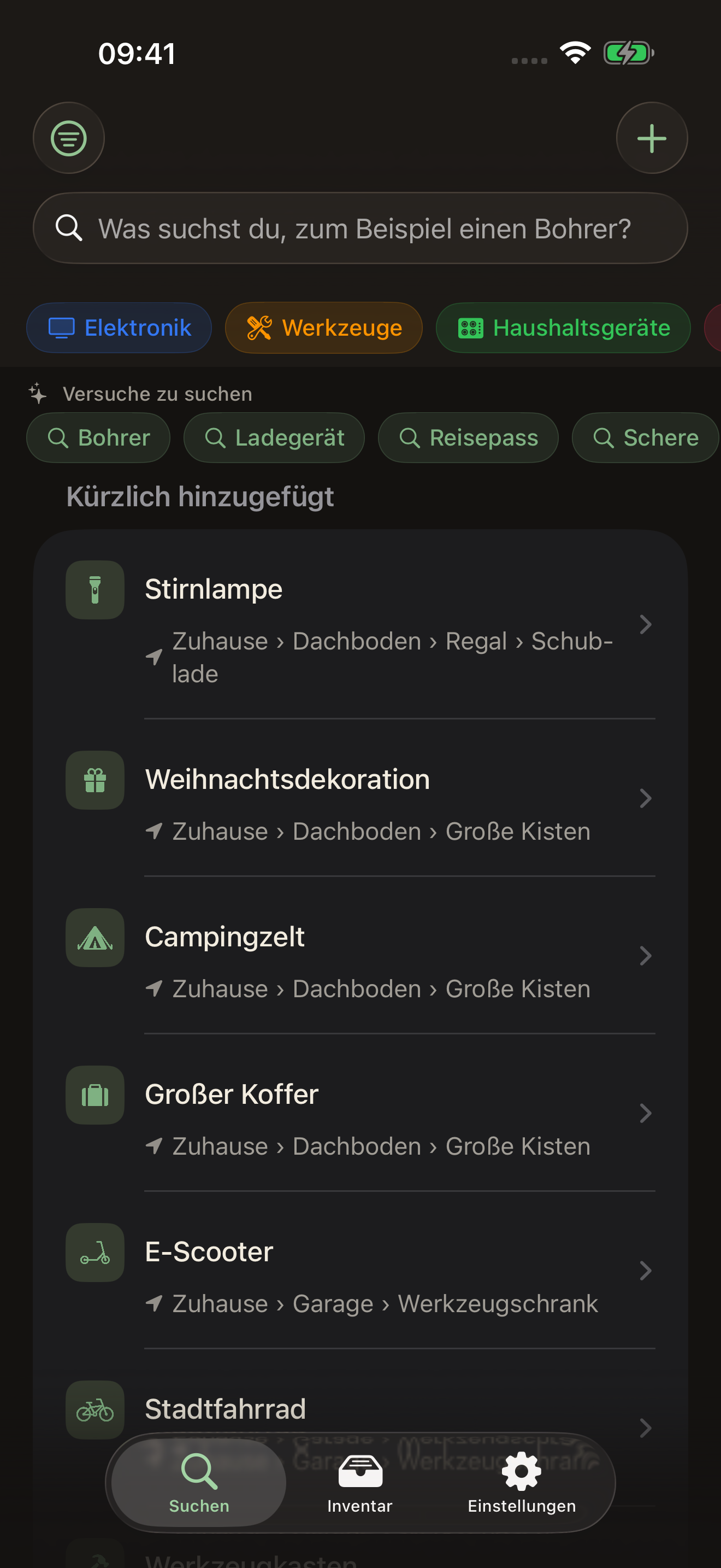 mnemia auf dem iPhone, der Tab Suche mit Vorschlägen und kürzlich hinzugefügten Gegenständen