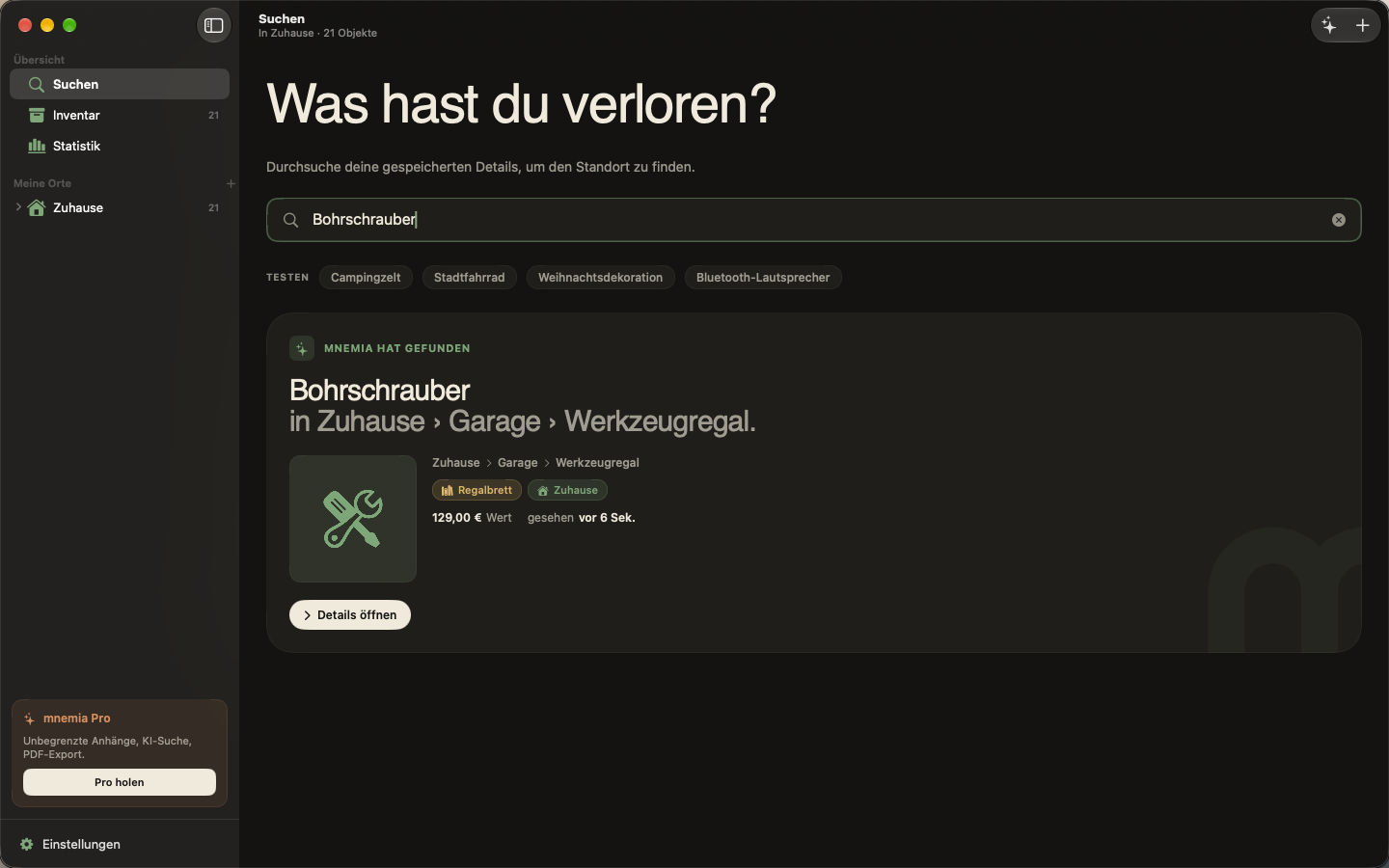 mnemia auf dem Mac, eine Suche nach der Bohrmaschine mit ihrem gespeicherten Standort