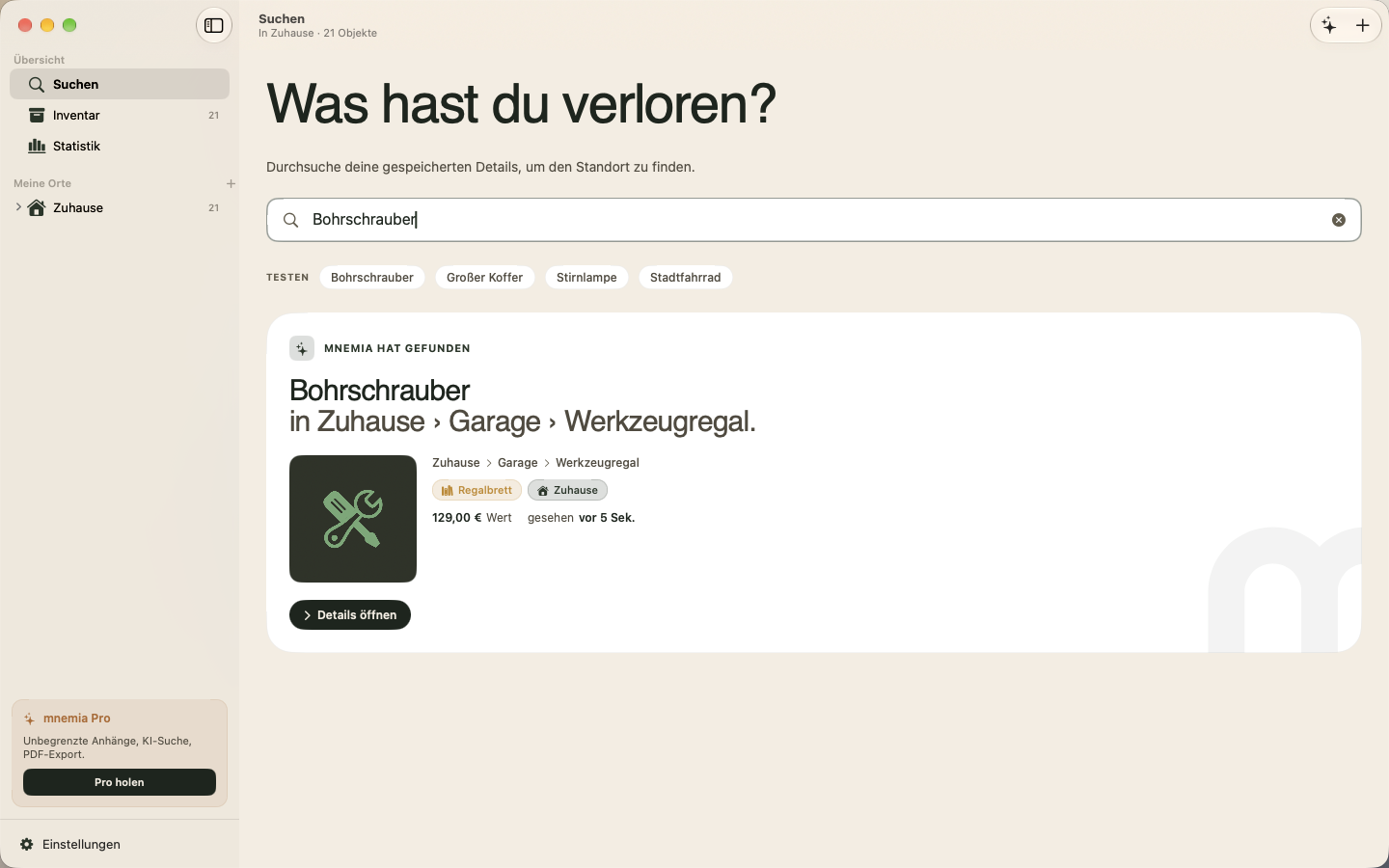 mnemia auf dem Mac, eine Suche nach der Bohrmaschine mit ihrem gespeicherten Standort