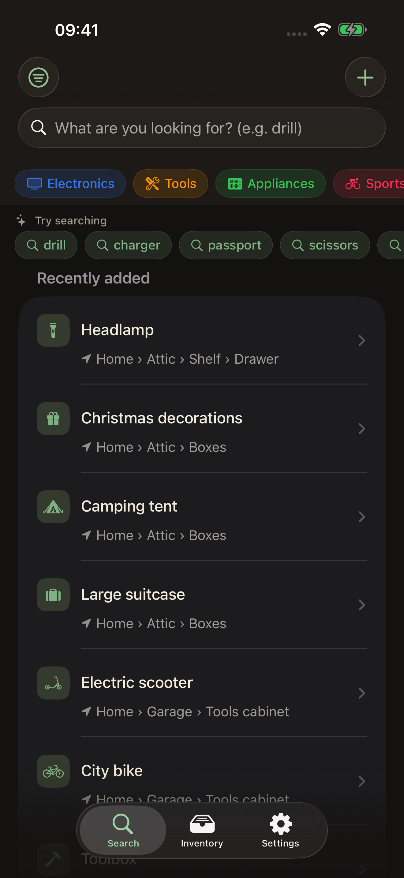 mnemia on iPhone, the Search tab with suggestions and recently added items