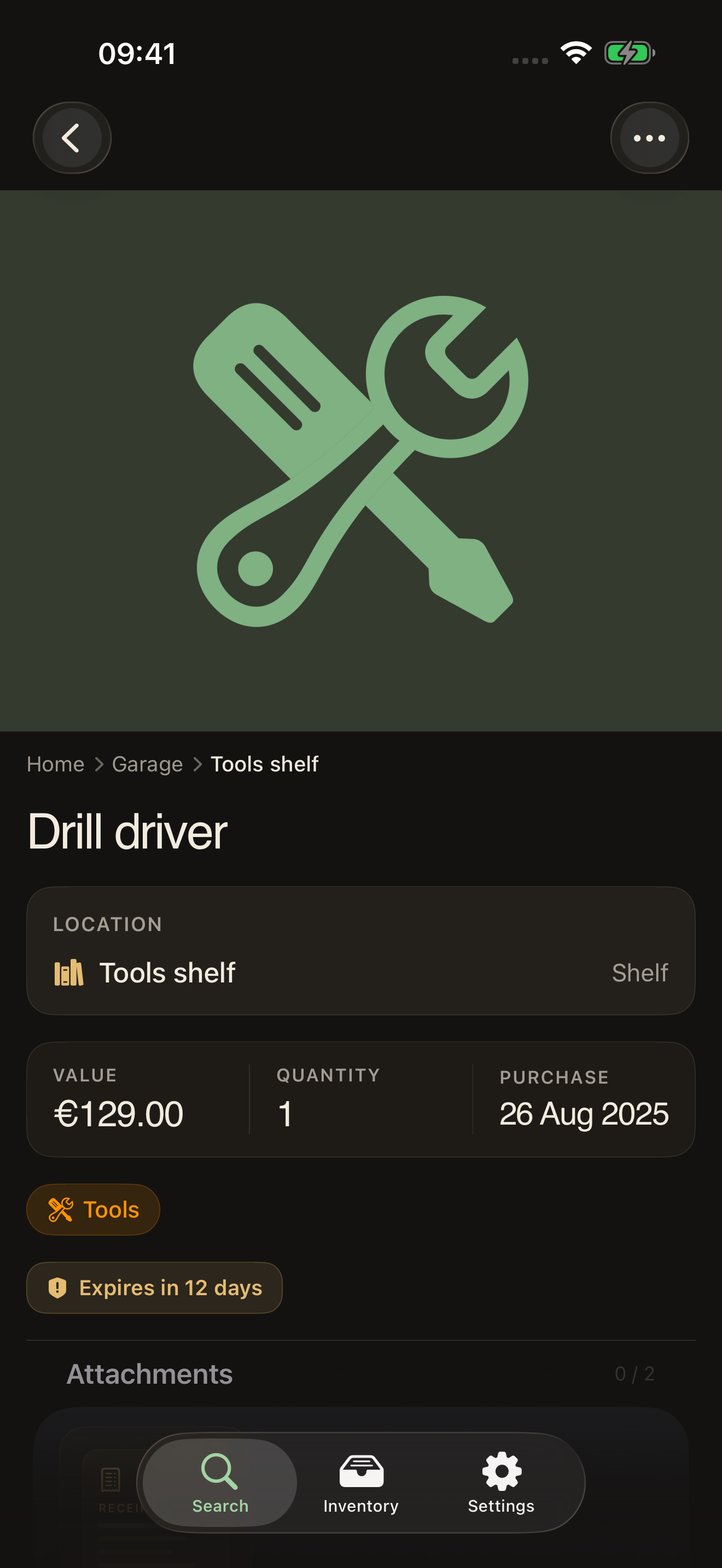 mnemia on iPhone, an item with its value, warranty and attachments