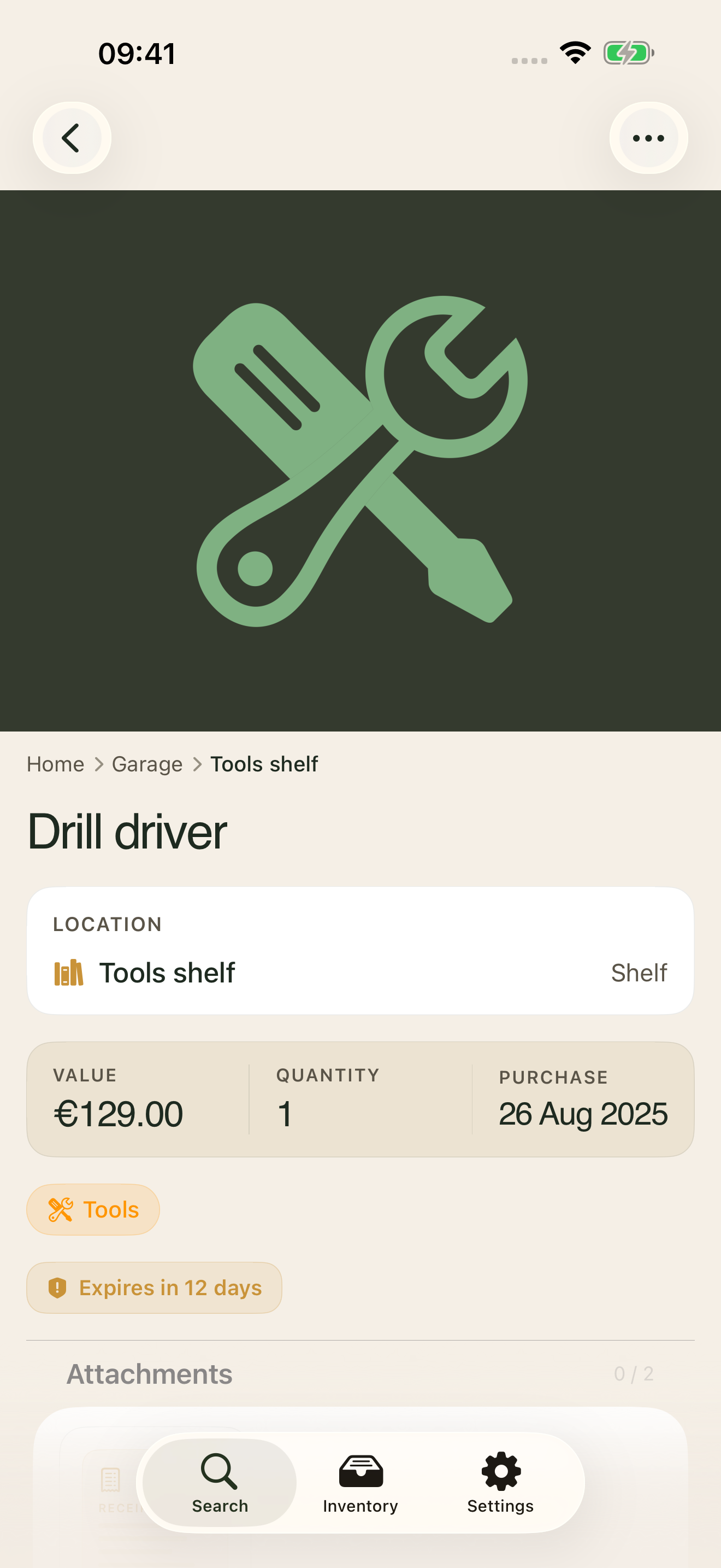 mnemia on iPhone, an item with its value, warranty and attachments