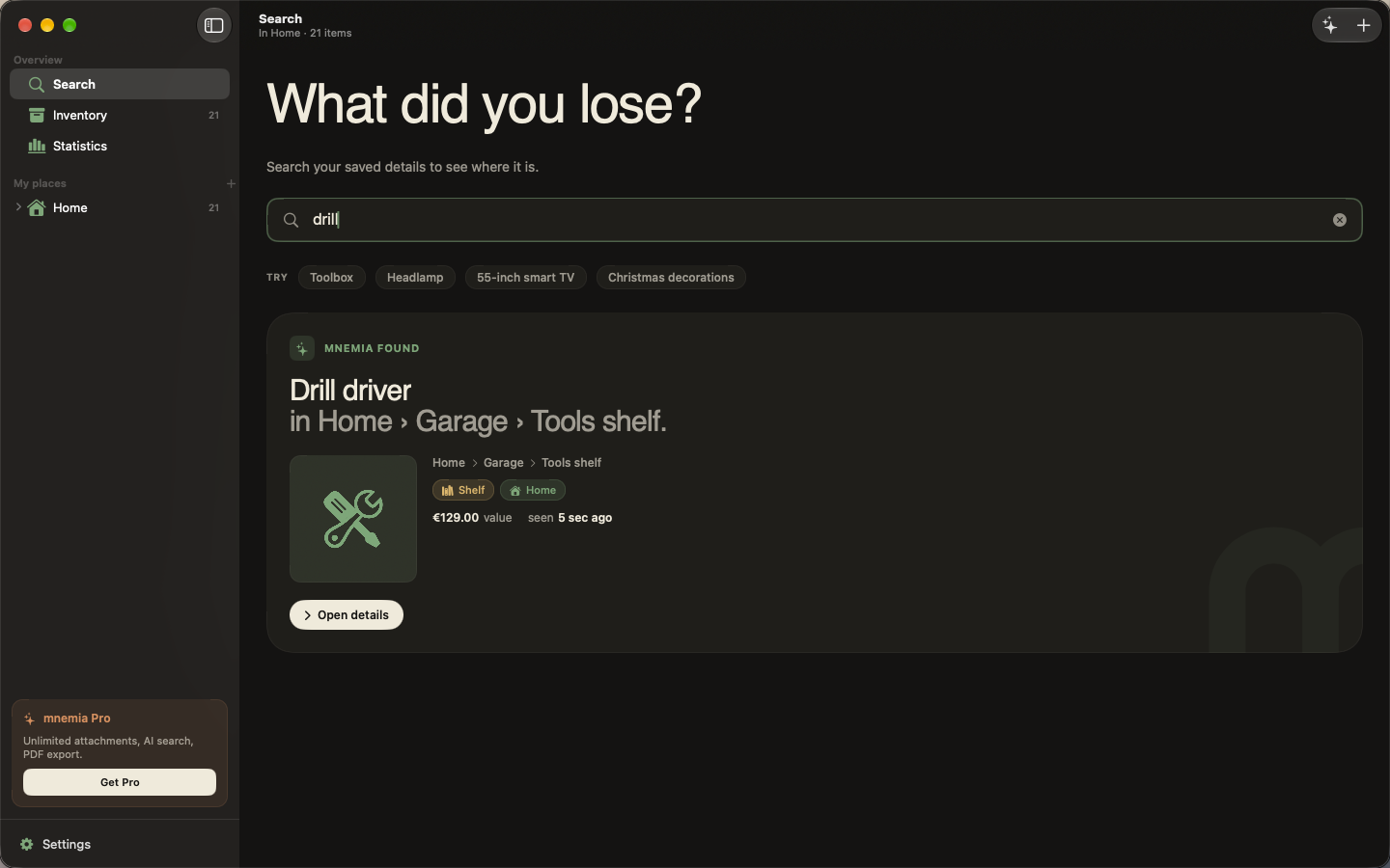 mnemia on Mac, a search for the drill showing its saved location