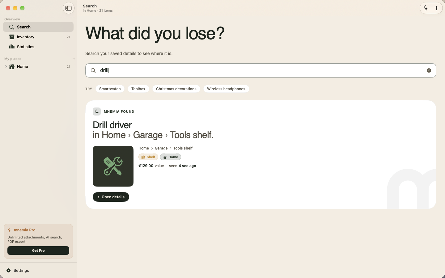 mnemia on Mac, a search for the drill showing its saved location