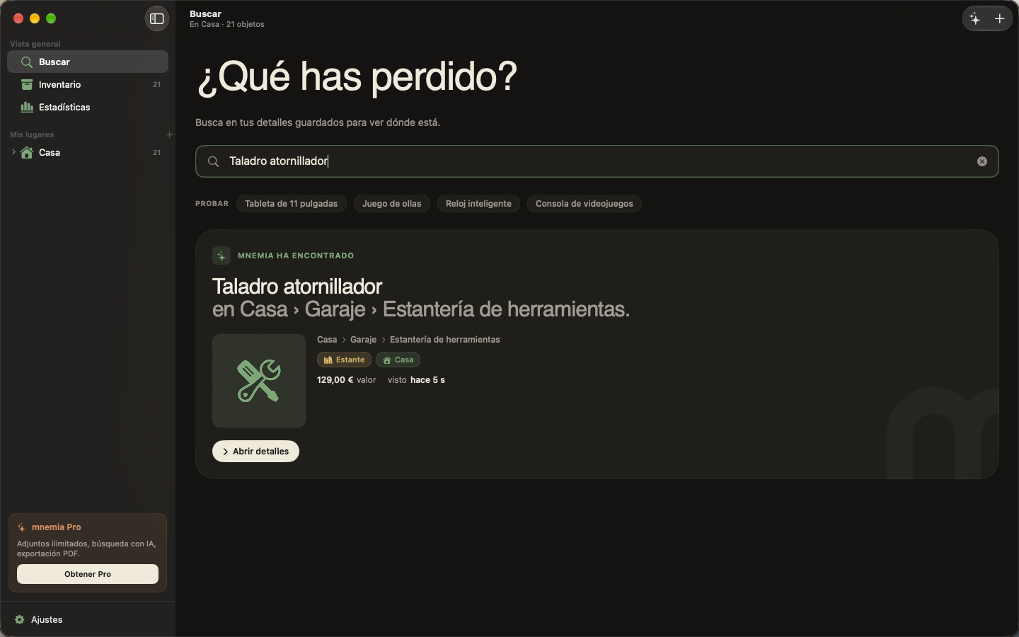 mnemia en Mac, una búsqueda del taladro con su ubicación guardada