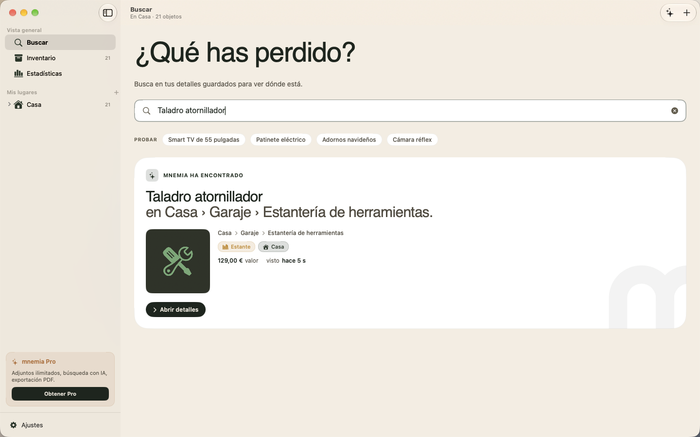 mnemia en Mac, una búsqueda del taladro con su ubicación guardada