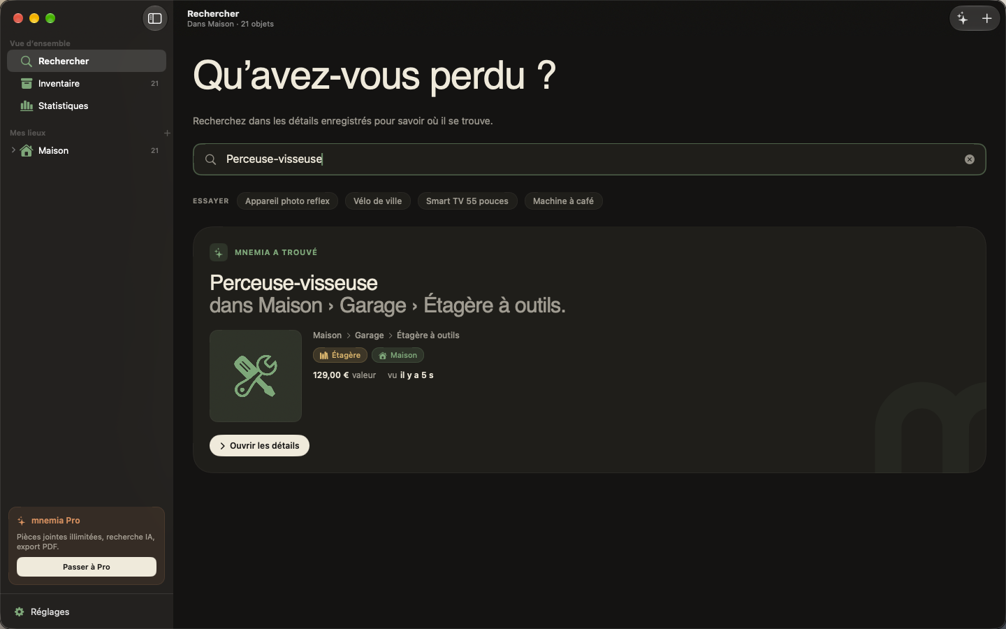 mnemia sur Mac, une recherche de la perceuse affichant son emplacement enregistré