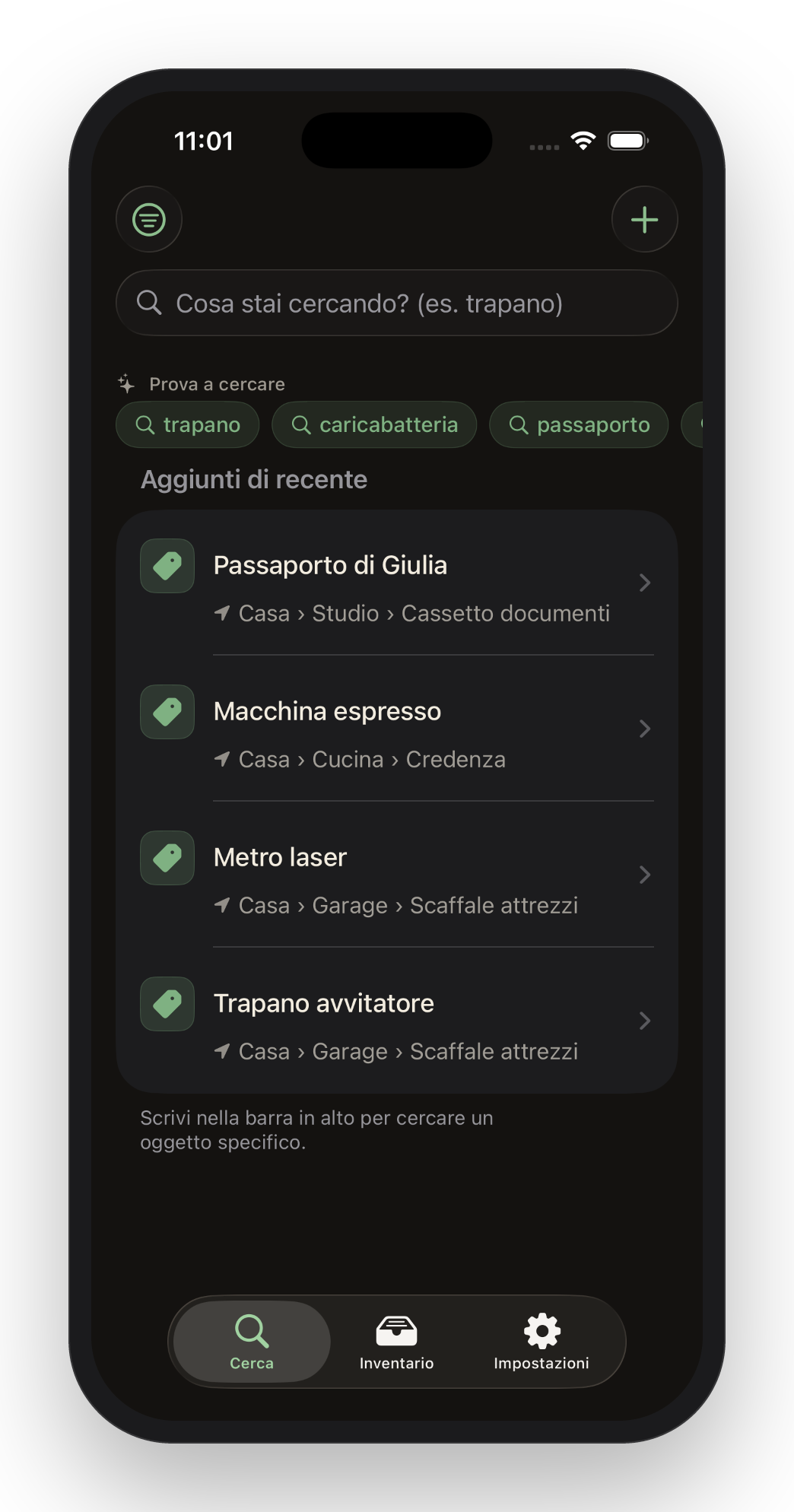 Mnemia su iPhone: la tab Cerca con la domanda «Cos’hai perso?» e gli oggetti aggiunti di recente
