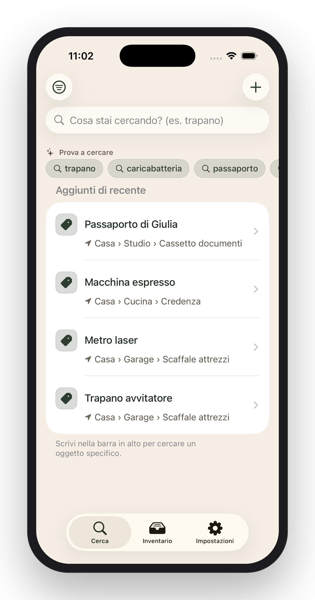 Mnemia su iPhone: la tab Cerca con la domanda «Cos’hai perso?» e gli oggetti aggiunti di recente
