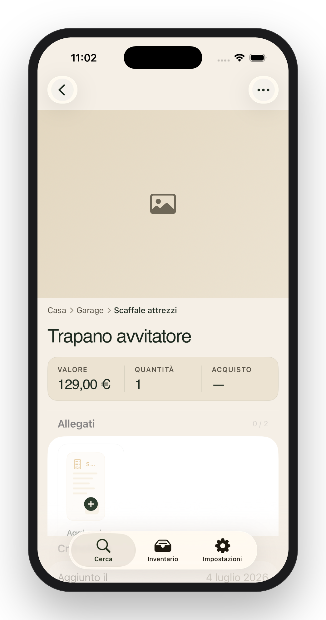 Mnemia su iPhone: la scheda oggetto con valore, garanzia e allegati