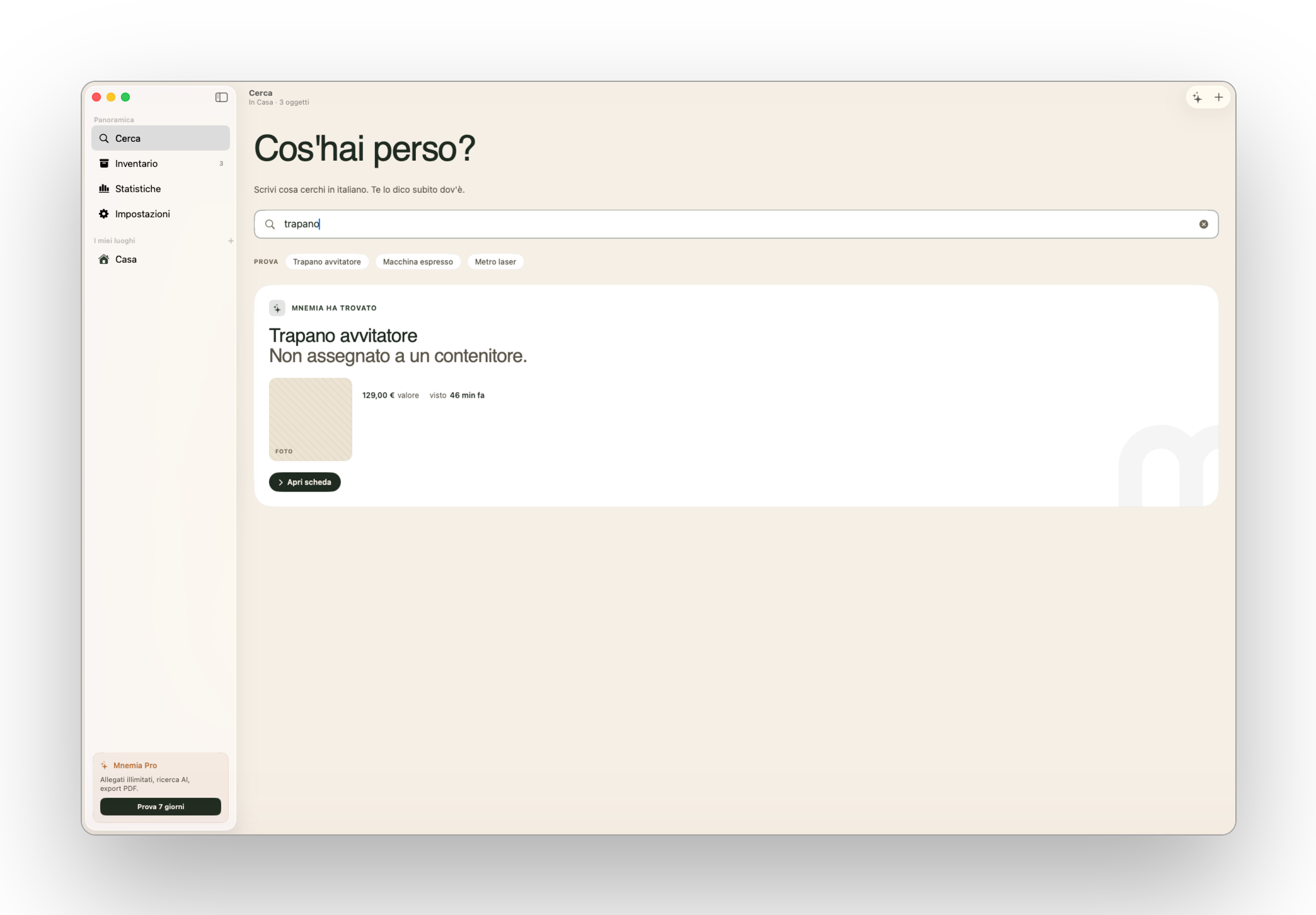 Mnemia su Mac: la ricerca «dov’è il trapano?» con il risultato trovato e gli altri risultati a lato