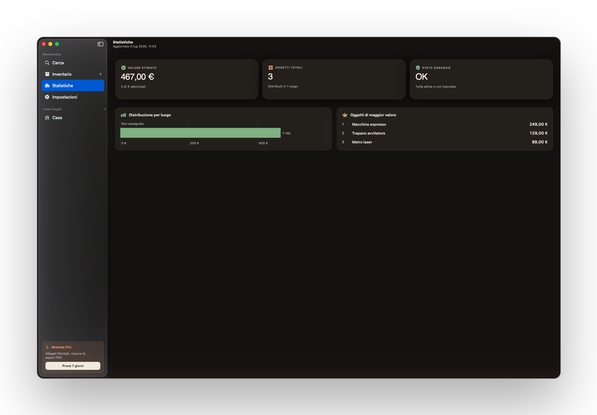 Mnemia su Mac: statistiche con valore totale, garanzie in scadenza e distribuzione per luogo
