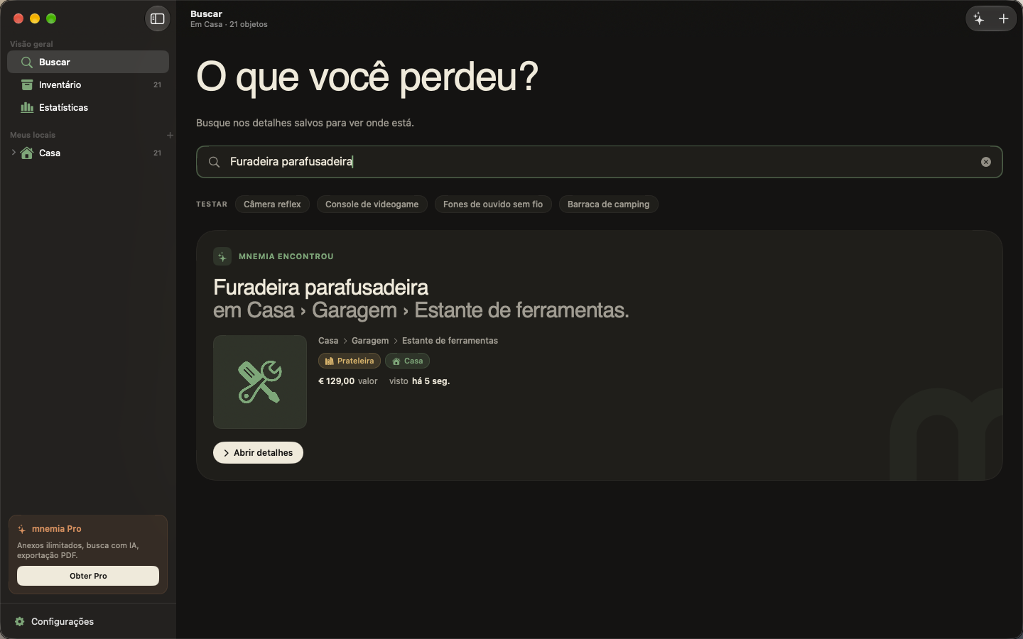 mnemia no Mac, uma pesquisa da furadeira com a sua localização guardada