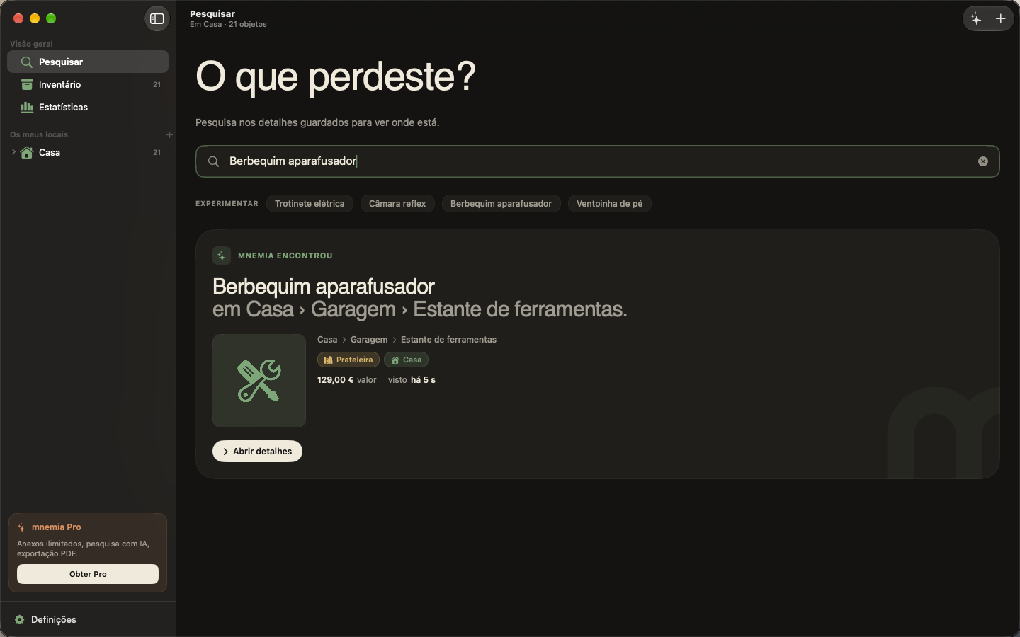mnemia no Mac, uma pesquisa do berbequim com a sua localização guardada
